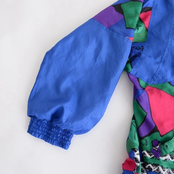 Vintage TanJay Blue Nylon Pink & Green Abstract Design Light Bomber Jacket XS - Picture 11 of 14